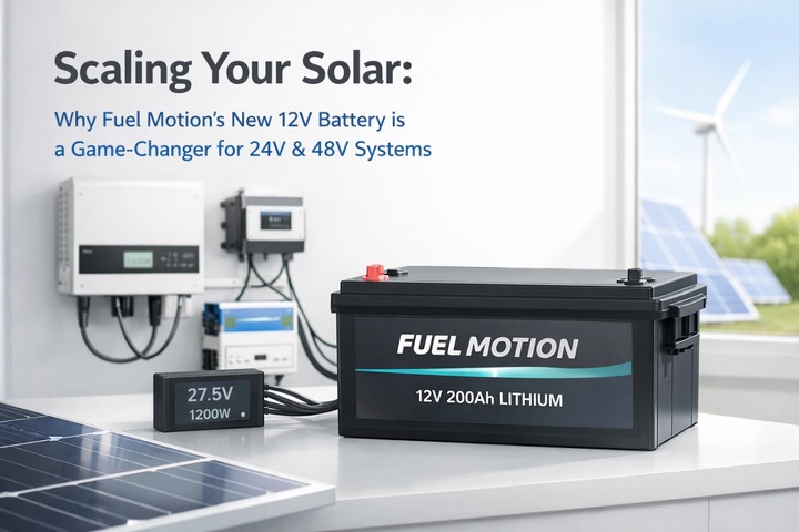 Fuel Motion 12V 200Ah Lithium battery connected to solar panels and a 27.5V 1200W charge controller